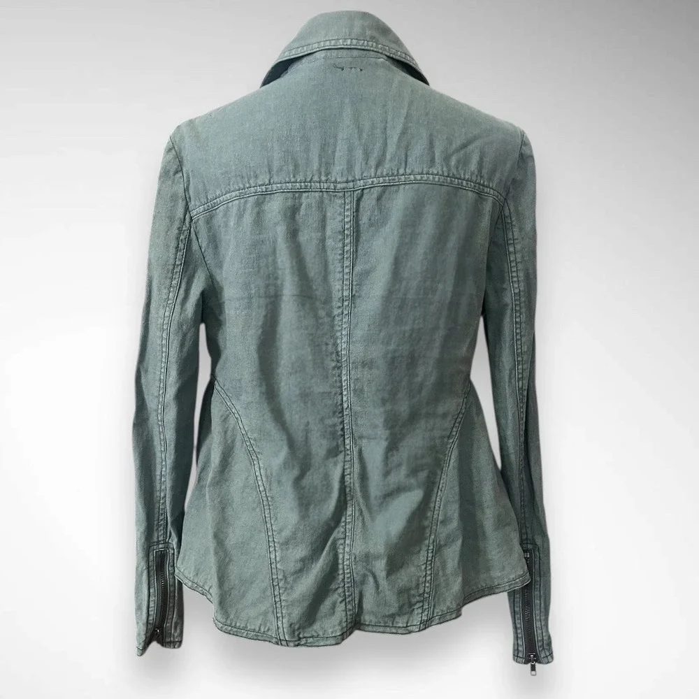 FREE PEOPLE Women's Blueish Green Linen Blend Moto Jacket Medium | EUC - Picture 6 of 8